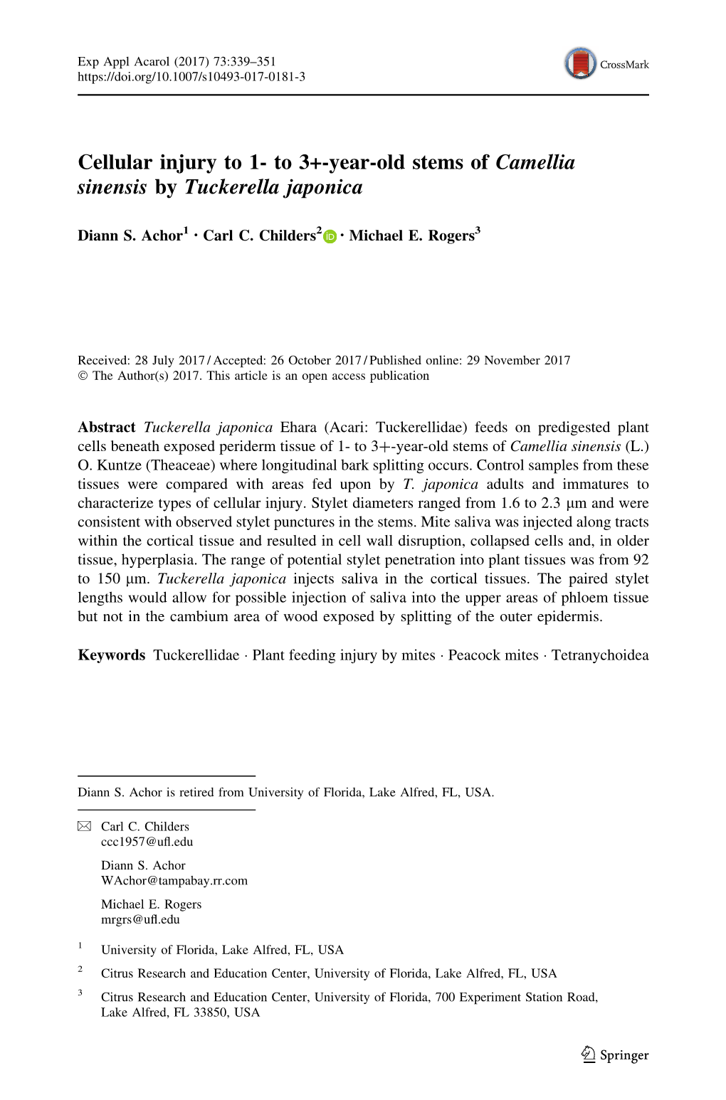 Cellular Injury to 1- to 3+-Year-Old Stems of Camellia Sinensis by Tuckerella Japonica