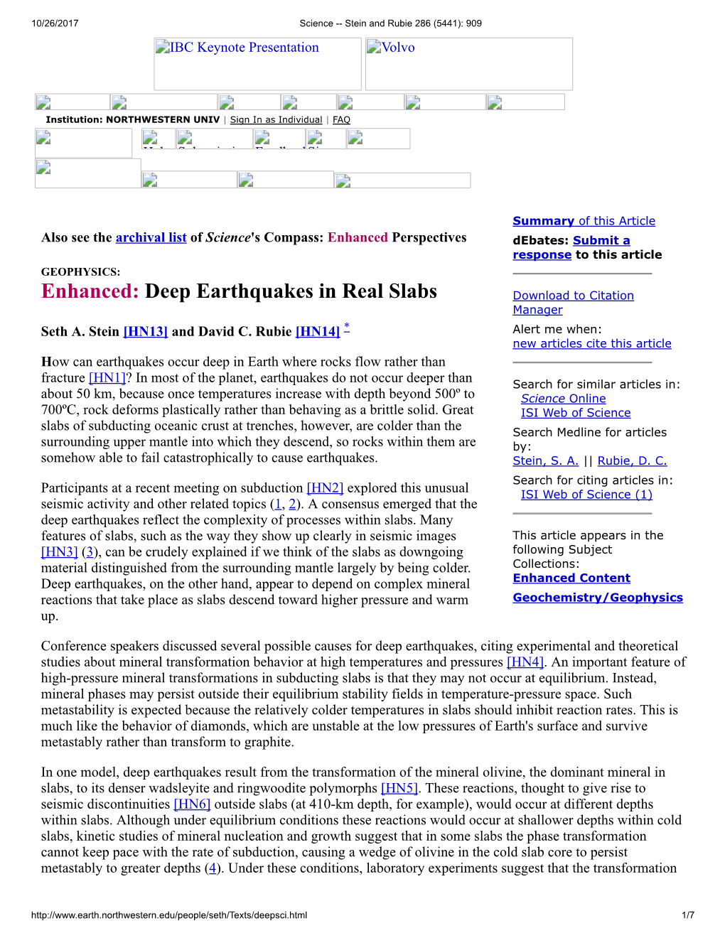 Enhanced: Deep Earthquakes in Real Slabs Download to Citation Manager Seth A