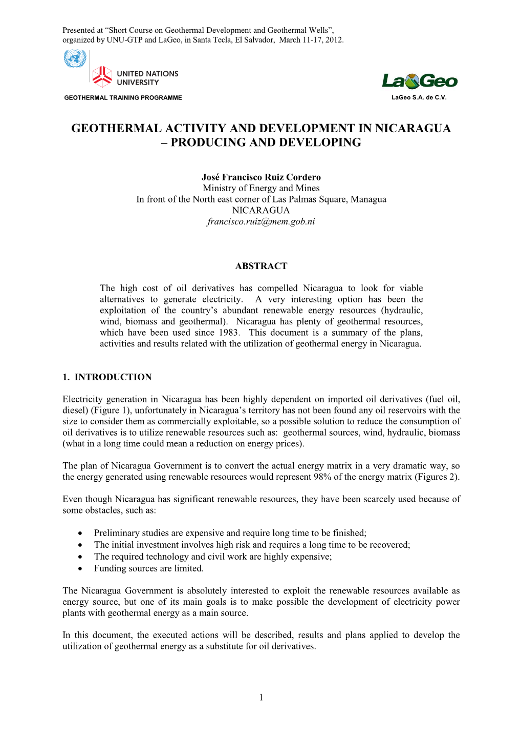 Geothermal Activity and Development in Nicaragua – Producing and Developing