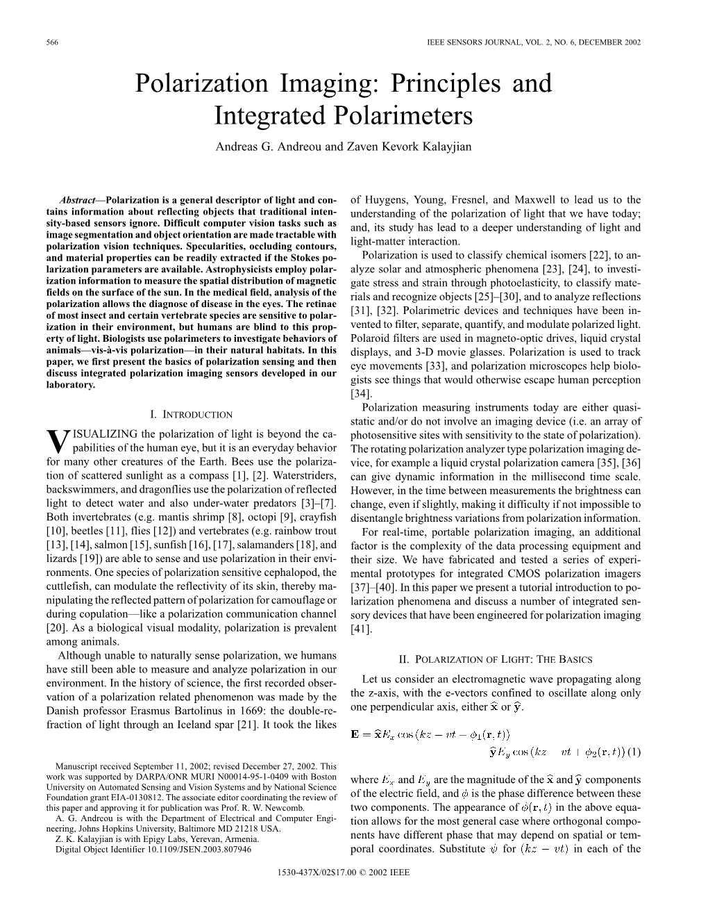 Polarization Imaging: Principles and Integrated Polarimeters Andreas G