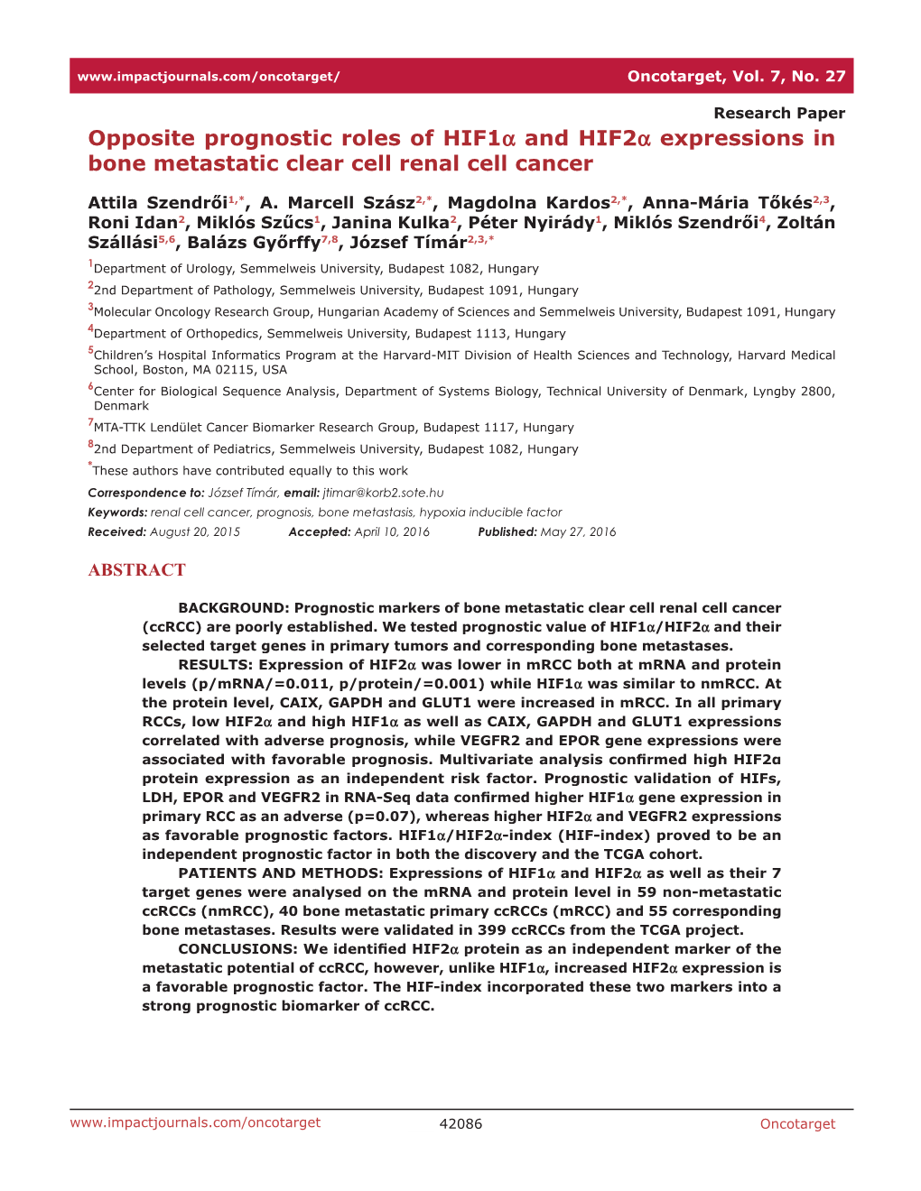 Opposite Prognostic Roles of Hif1a and Hif2a Expressions in Bone Metastatic Clear Cell Renal Cell Cancer