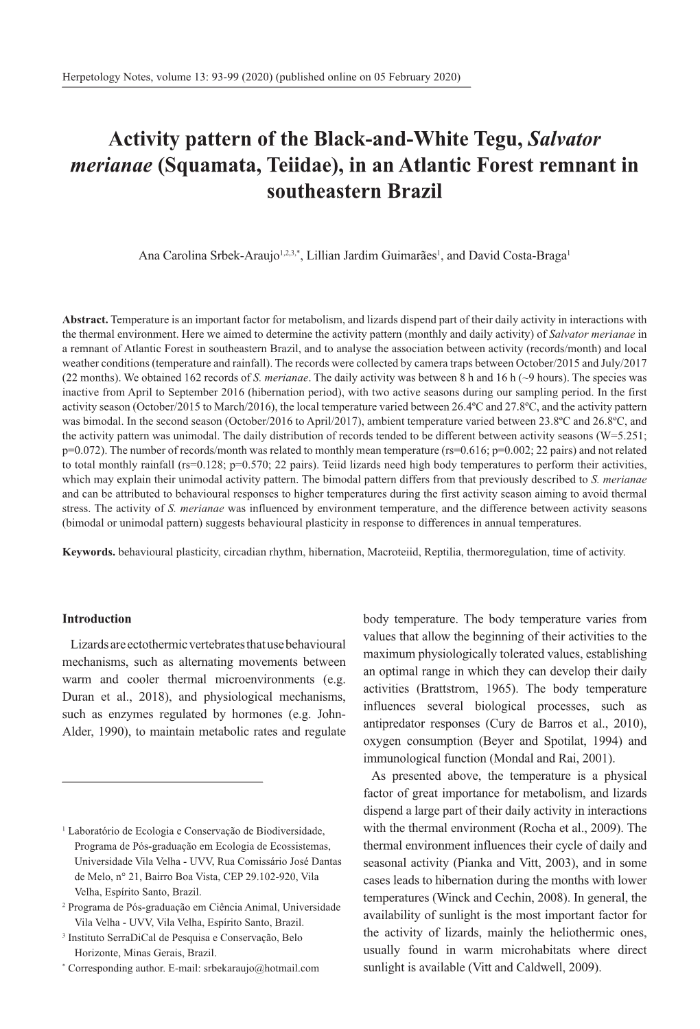 Activity Pattern of the Black-And-White Tegu, Salvator Merianae (Squamata, Teiidae), in an Atlantic Forest Remnant in Southeastern Brazil