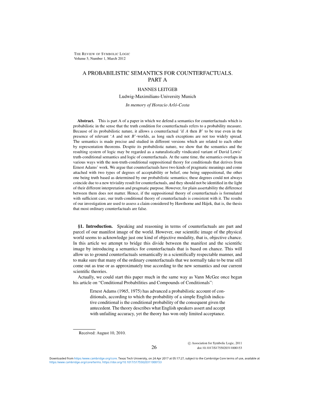 A PROBABILISTIC SEMANTICS for COUNTERFACTUALS. PART a HANNES LEITGEB Ludwig-Maximilians-University Munich in Memory of Horacio Arlo-Costa´