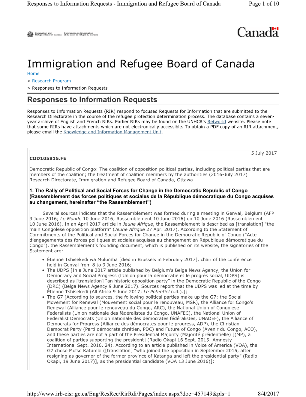 Immigration and Refugee Board of Canada Page 1 of 10