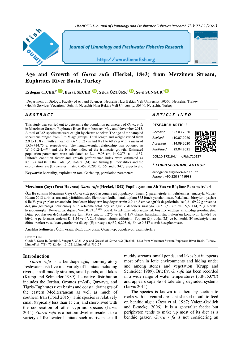 Age and Growth of Garra Rufa (Heckel, 1843) from Merzimen Stream, Euphrates River Basin, Turkey