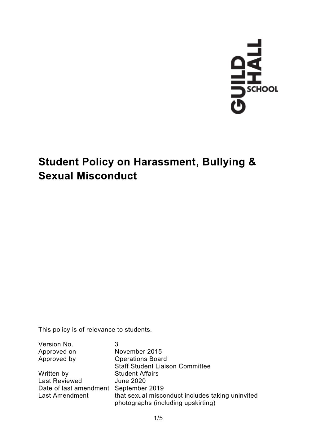Student Policy on Harassment, Bullying and Sexual Misconduct