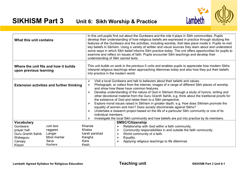 SIKHISM Part 3 Unit 6: Sikh Worship & Practice