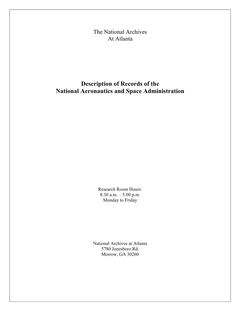 Description of Records of the National Aeronautics and Space Administration