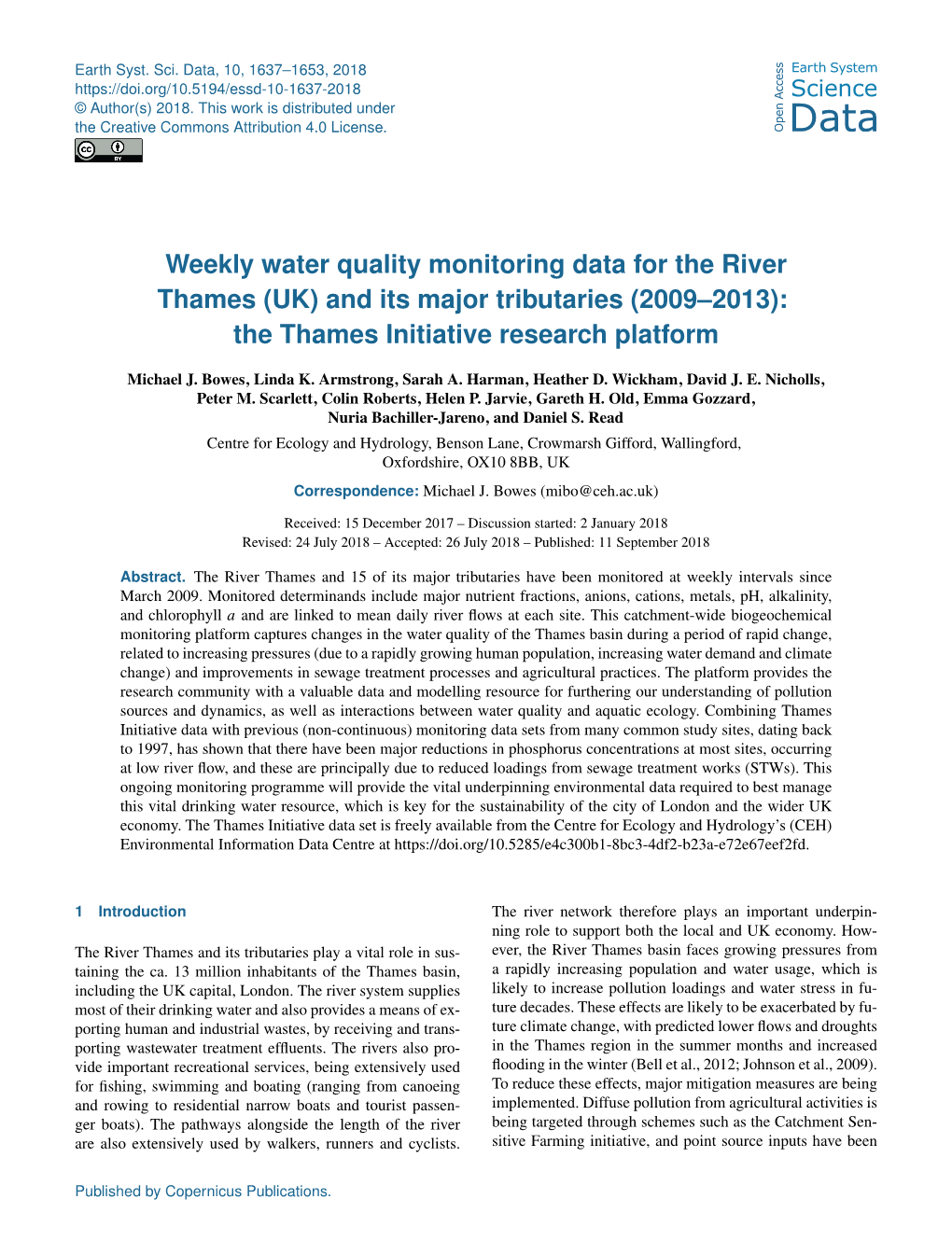 Weekly Water Quality Monitoring Data for the River Thames (UK) and Its Major Tributaries (2009–2013): the Thames Initiative Research Platform