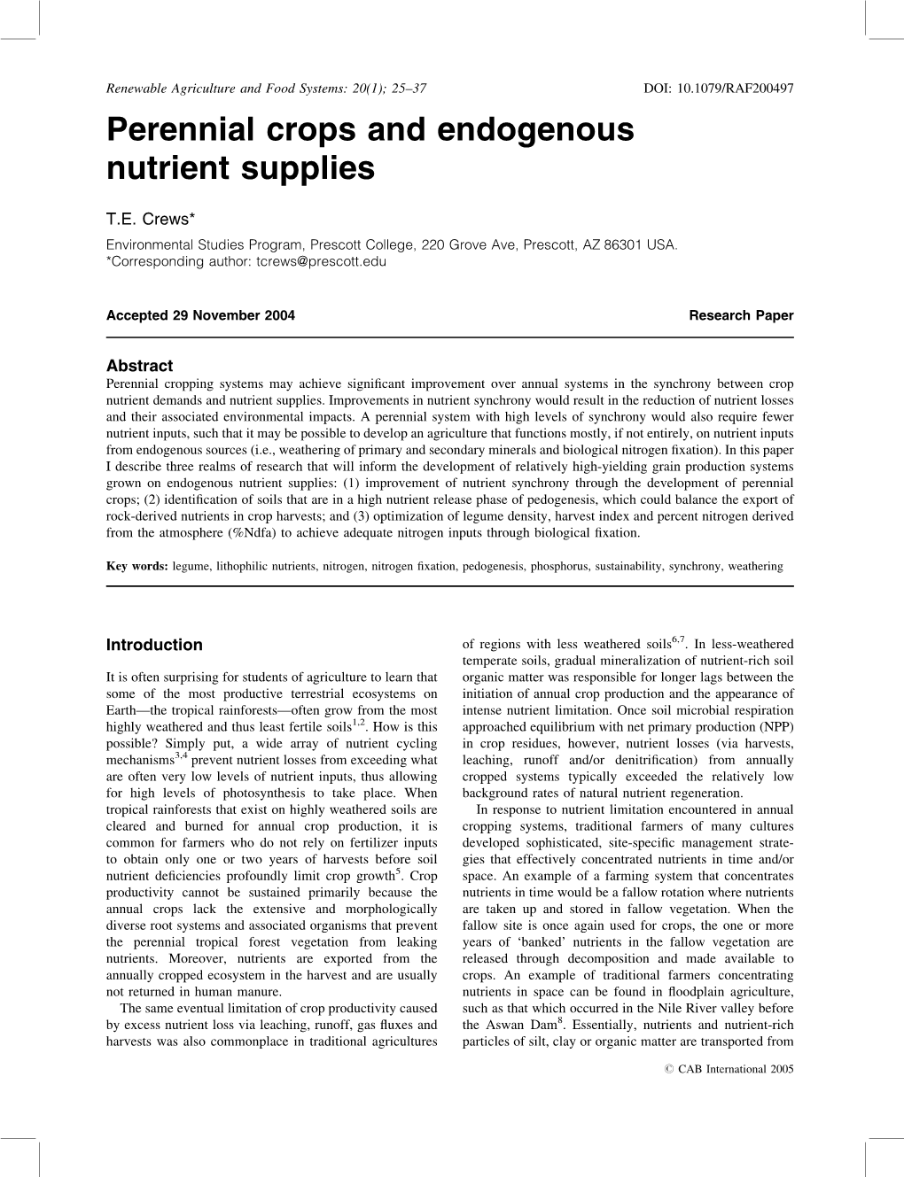 Perennial Crops and Endogenous Nutrient Supplies