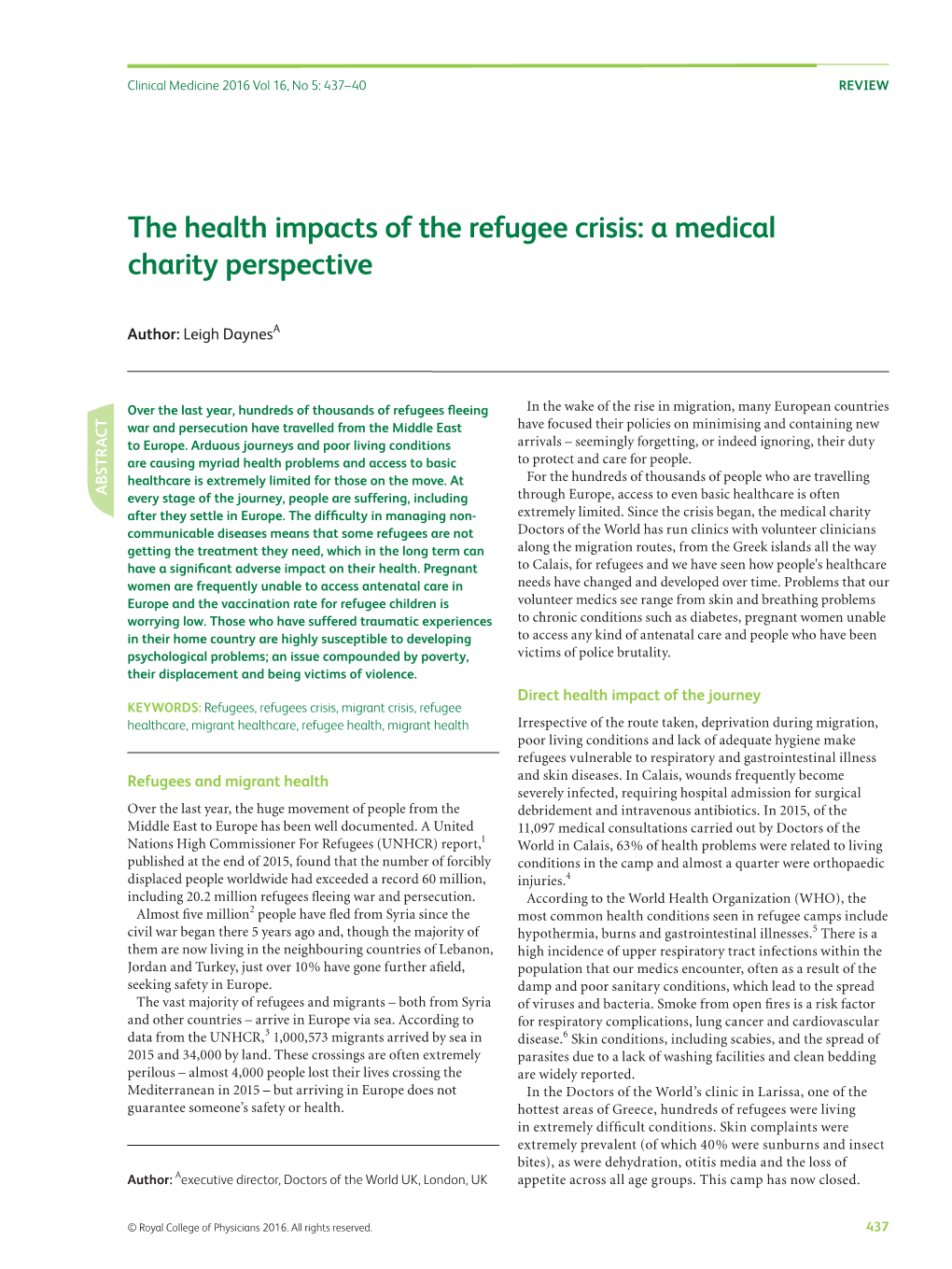 The Health Impacts of the Refugee Crisis: a Medical Charity Perspective