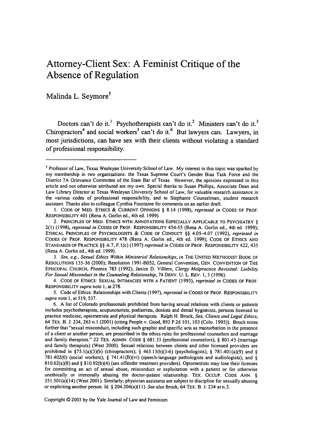 Attorney-Client Sex: a Feminist Critique of the Absence of Regulation