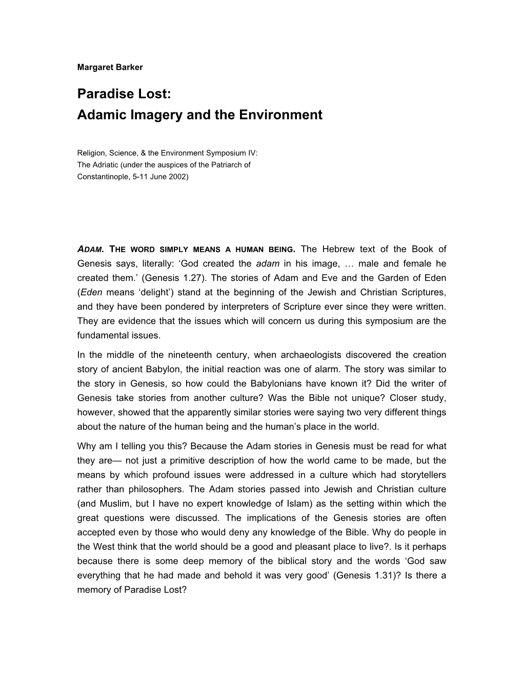 Paradise Lost: Adamic Imagery and the Environment