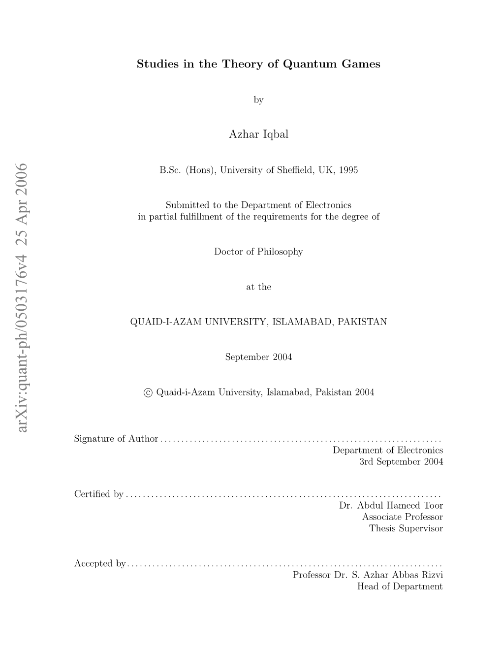 Studies in the Theory of Quantum Games by Azhar Iqbal