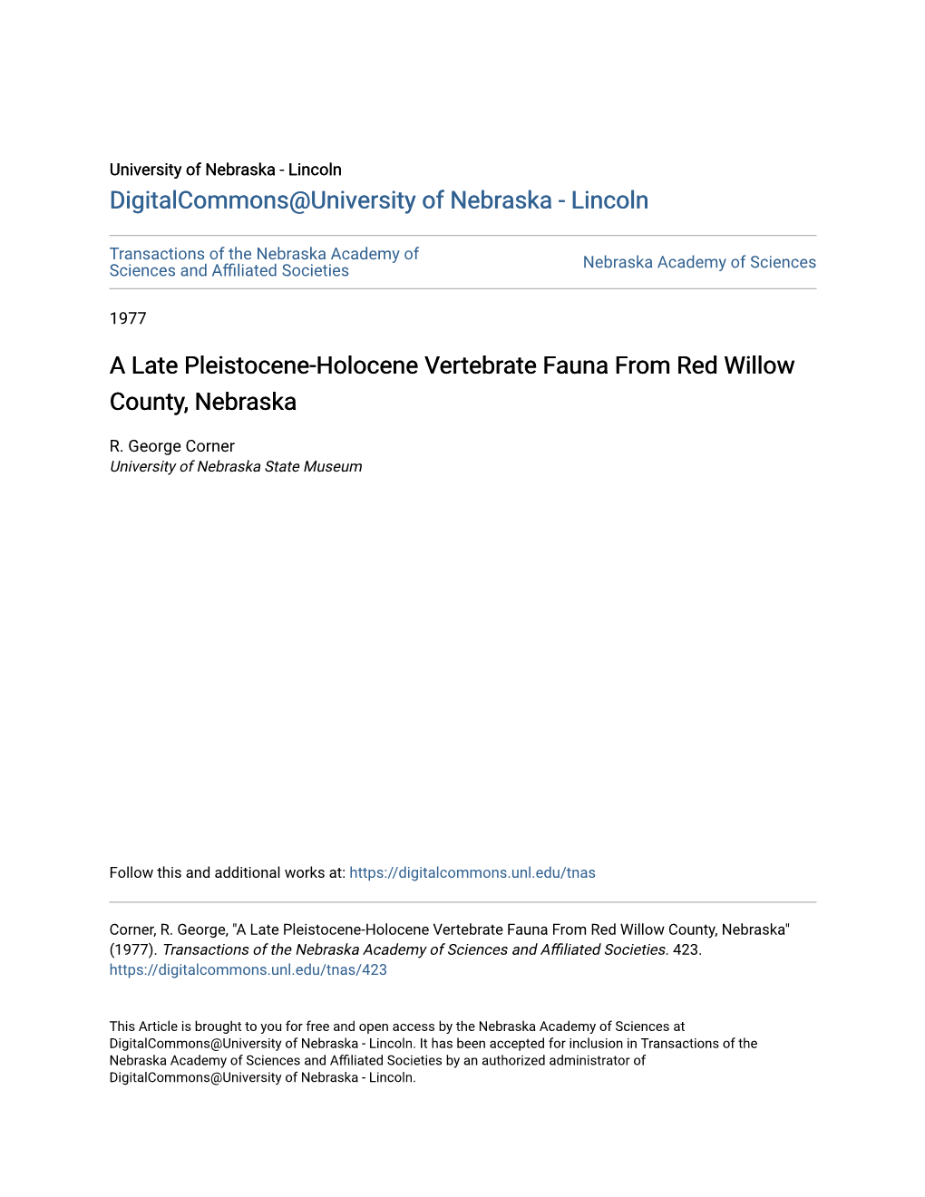 A Late Pleistocene-Holocene Vertebrate Fauna from Red Willow County, Nebraska