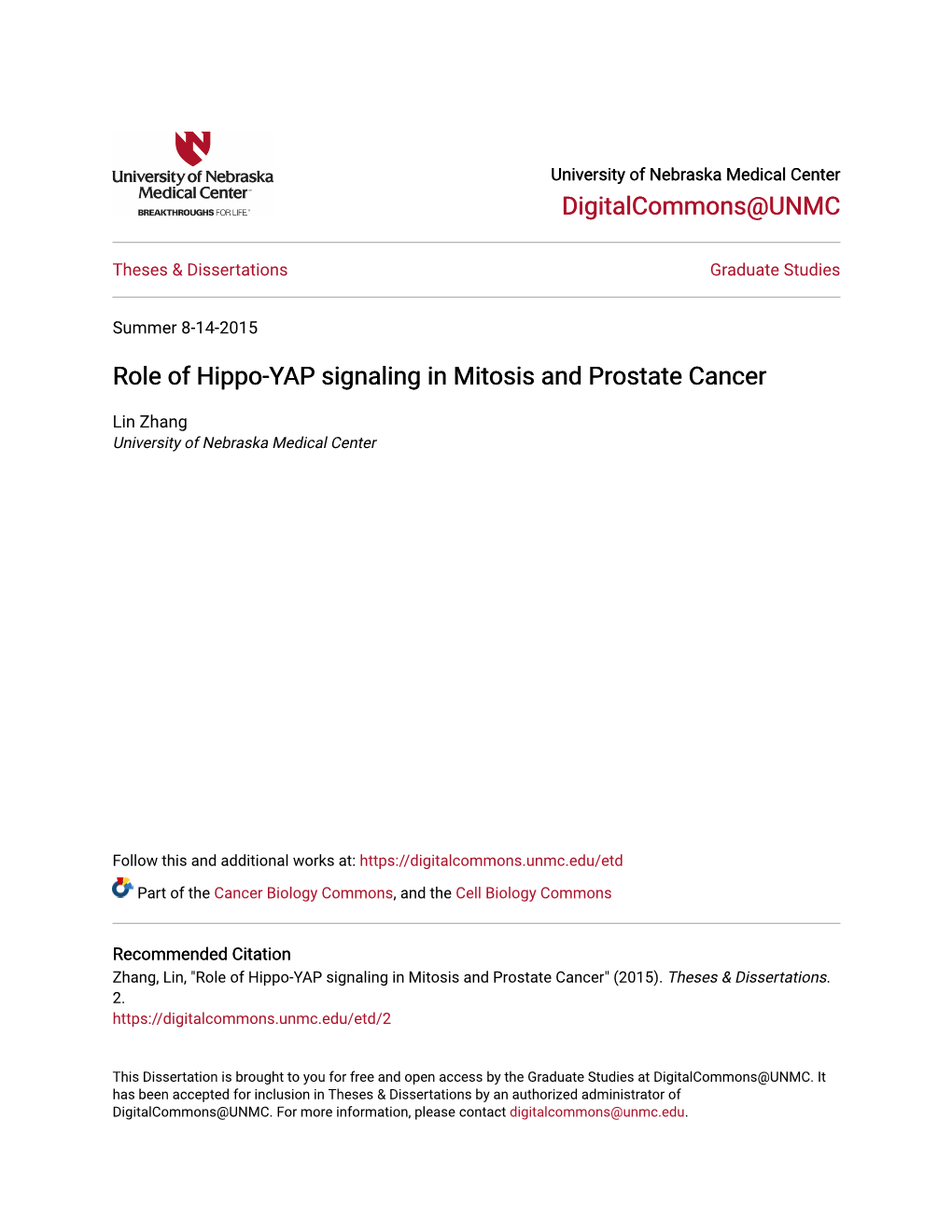 Role of Hippo-YAP Signaling in Mitosis and Prostate Cancer