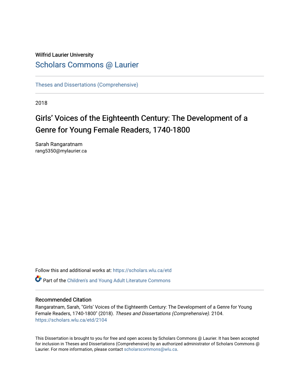 The Development of a Genre for Young Female Readers, 1740-1800