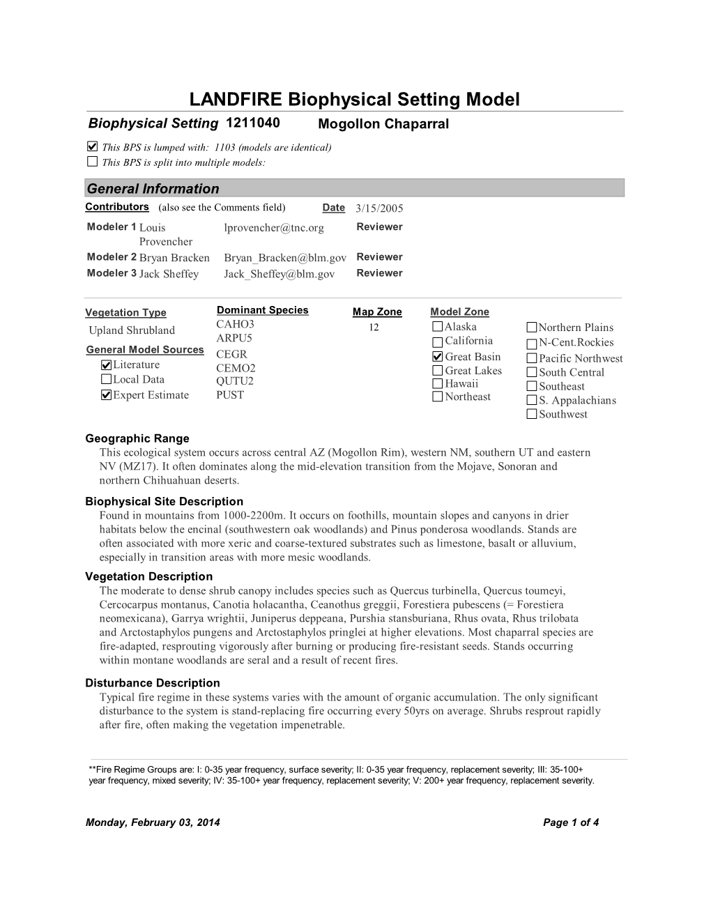 LANDFIRE Biophysical Setting Model Biophysical Setting 1211040 Mogollon Chaparral