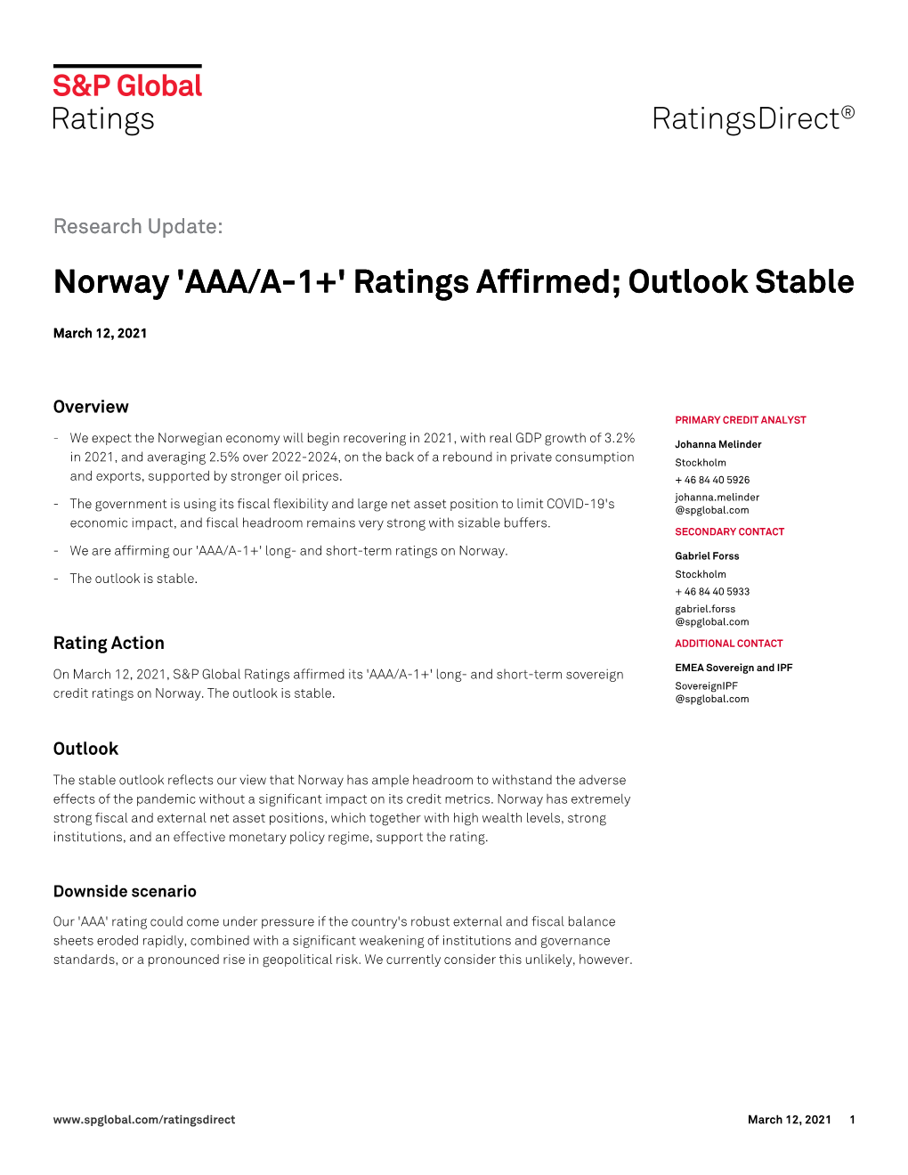 Norway 'AAA/A-1+' Ratings Affirmed; Outlook Stable