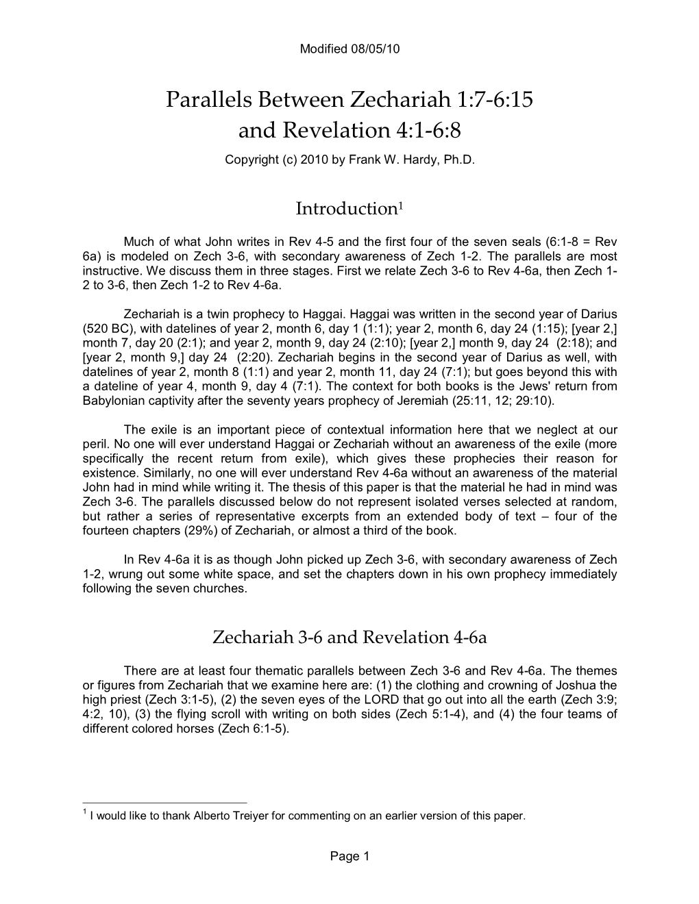 Parallels Between Zechariah 1:7-6:15 and Revelation 4:1-6:8