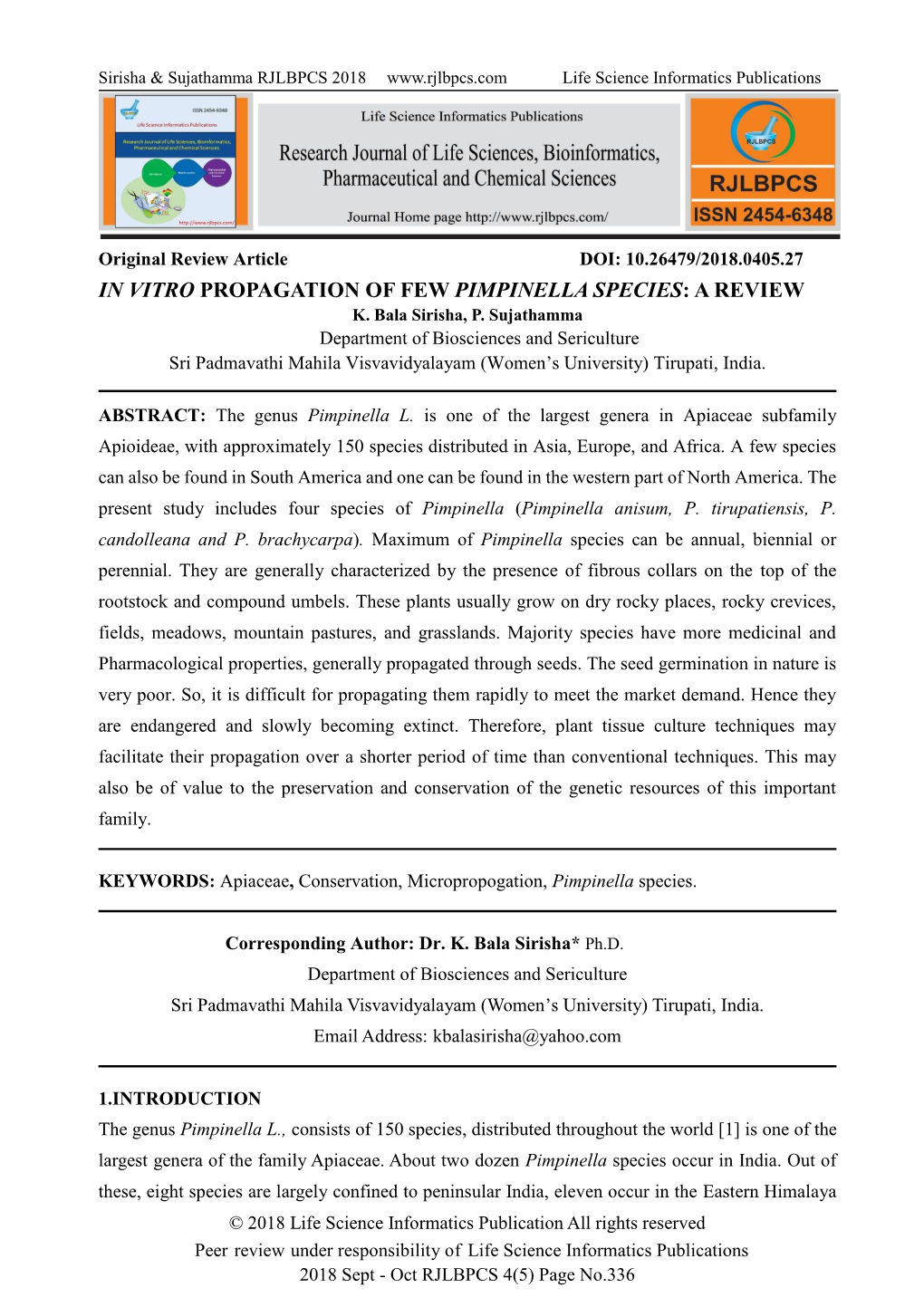 In Vitro Propagation of Few Pimpinella Species: a Review K