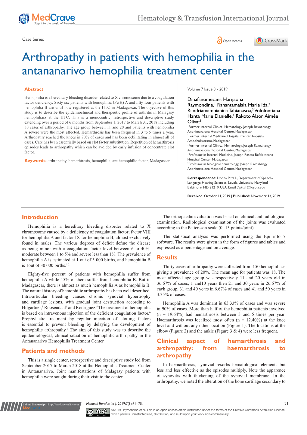 Arthropathy in Patients with Hemophilia in the Antananarivo Hemophilia Treatment Center