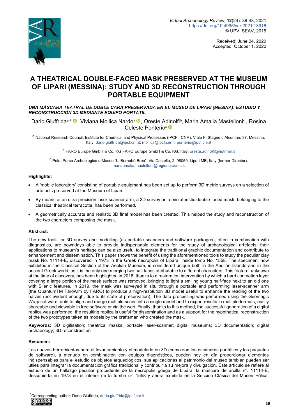 A Theatrical Double-Faced Mask Preserved at the Museum of Lipari (Messina): Study and 3D Reconstruction Through Portable Equipment