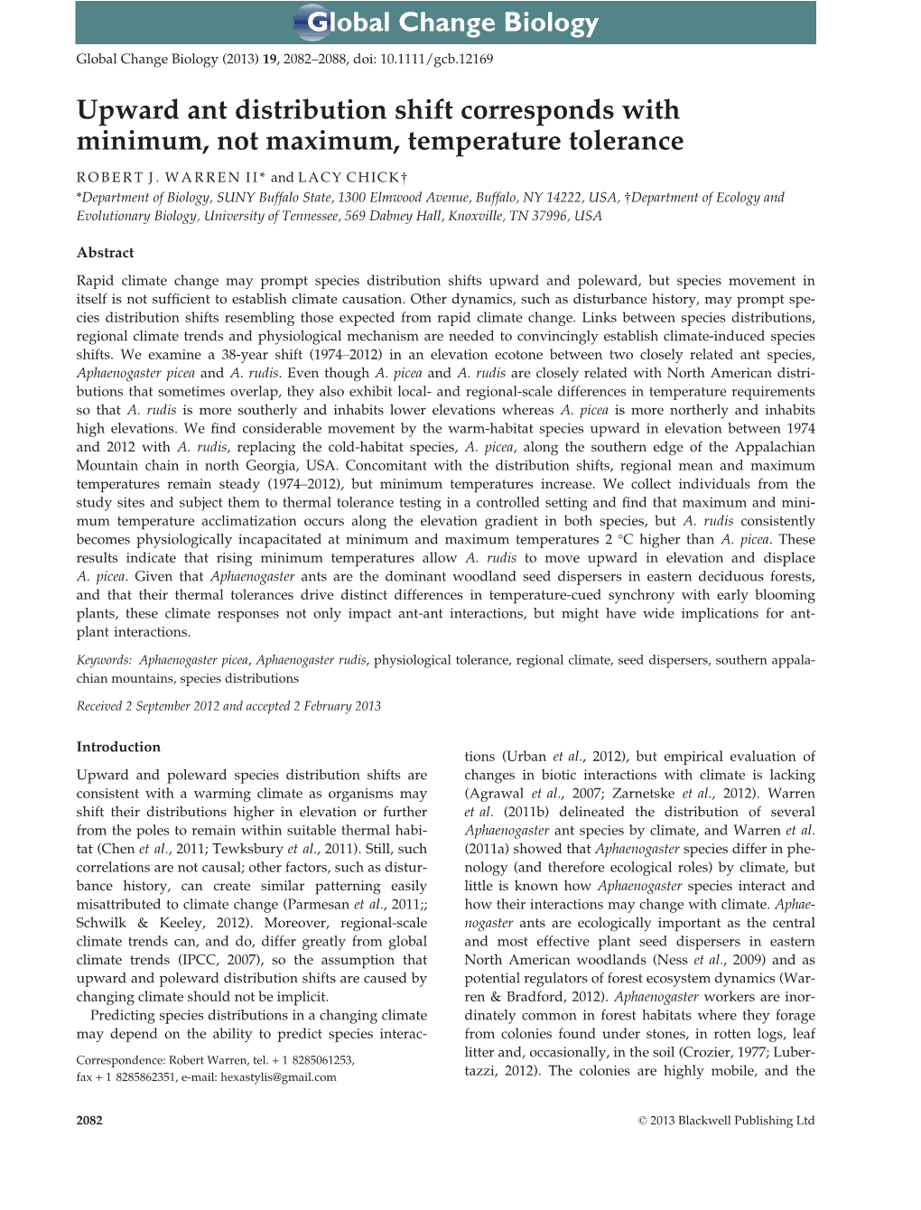 Upward Ant Distribution Shift Corresponds with Minimum, Not Maximum, Temperature Tolerance