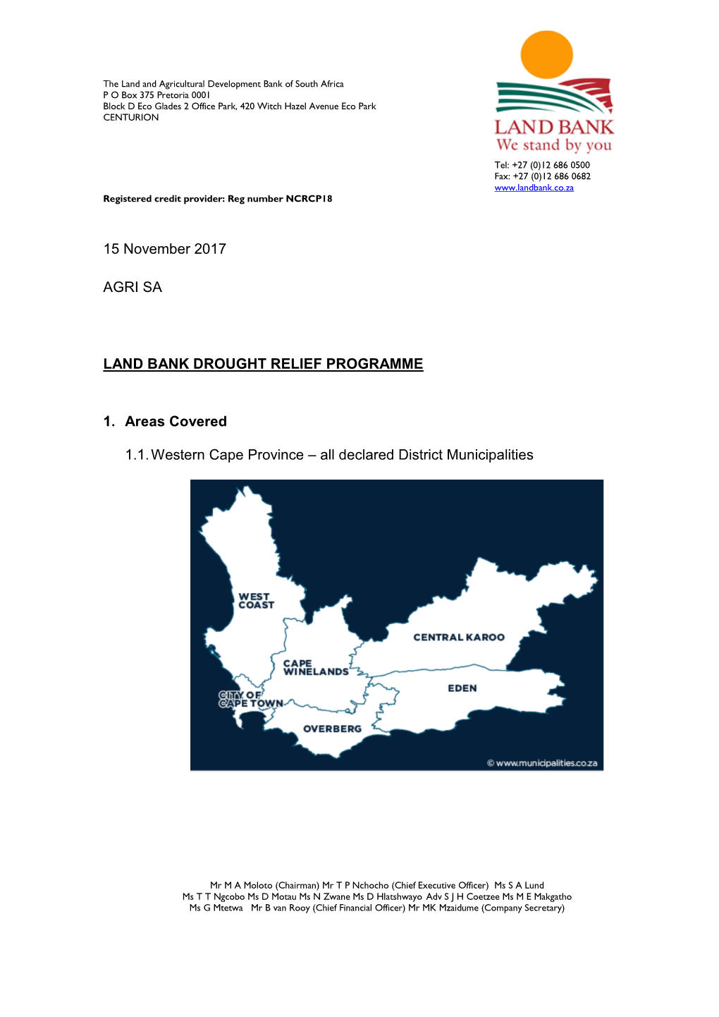 15 November 2017 AGRI SA LAND BANK DROUGHT RELIEF