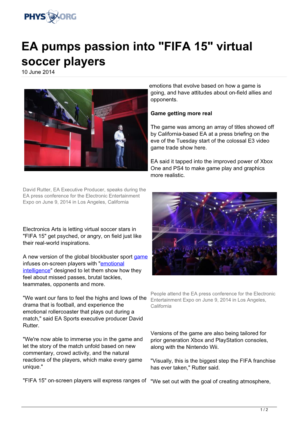 EA Pumps Passion Into "FIFA 15" Virtual Soccer Players 10 June 2014