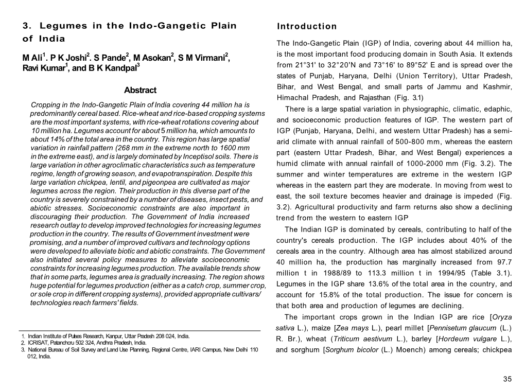 3. Legumes in the Indo-Gangetic Plain of India M Ali1. P K Joshi2. S