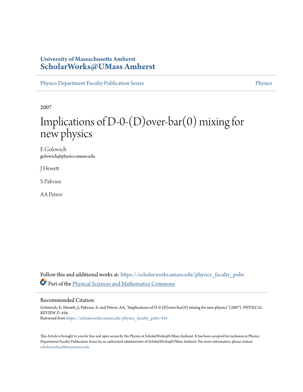 Implications of D-0-(D)Over-Bar(0) Mixing for New Physics E Golowich Golowich@Physics.Umass.Edu