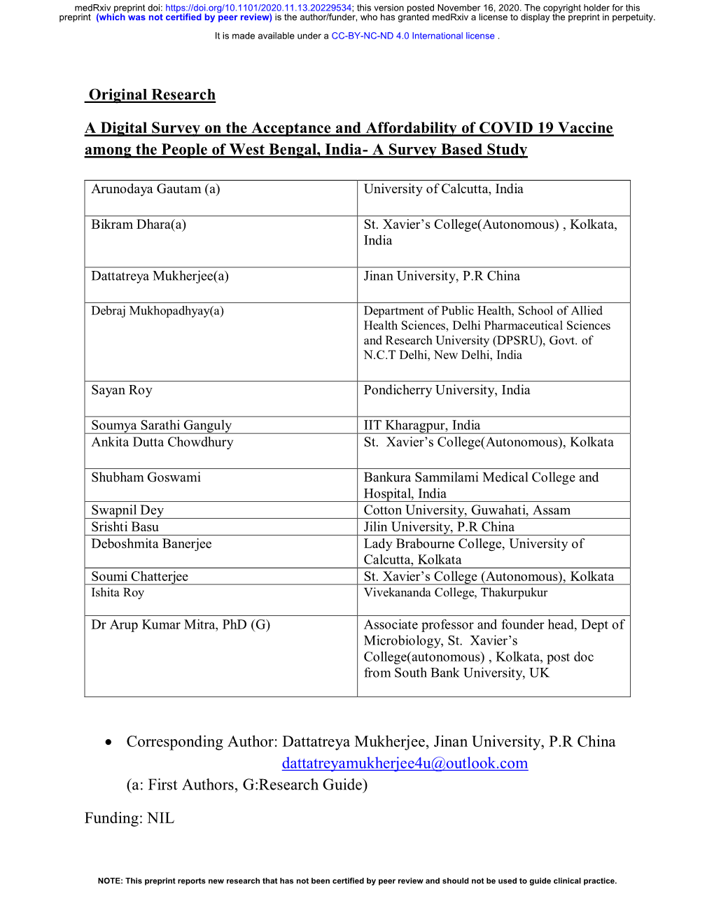 A Digital Survey on the Acceptance and Affordability of COVID 19 Vaccine Among the People of West Bengal, India- a Survey Based Study