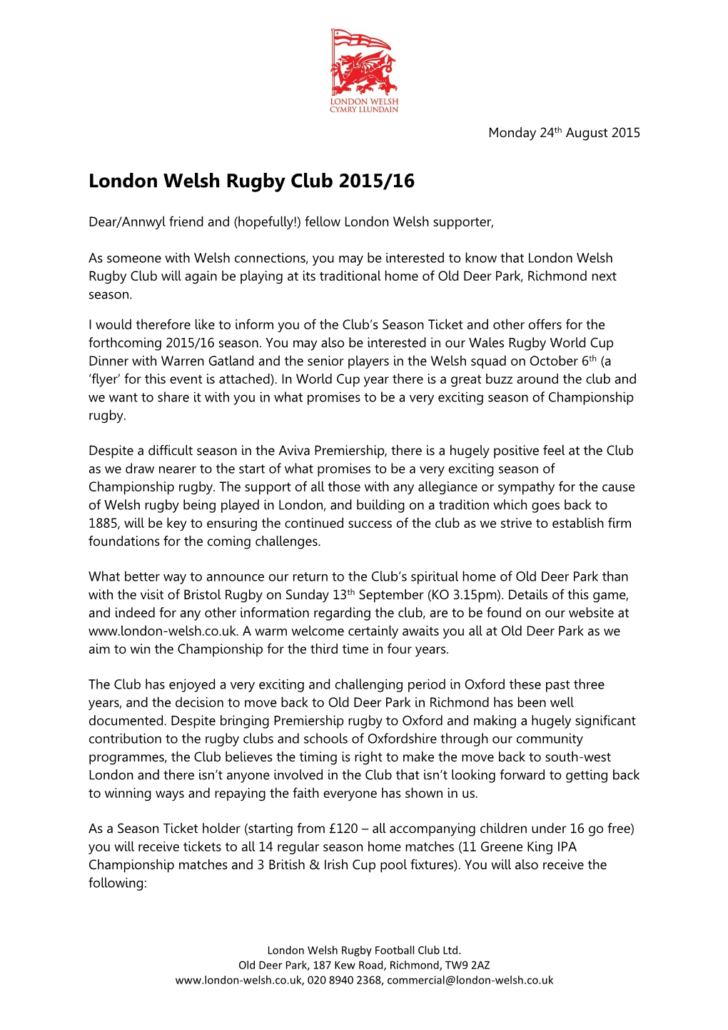 London Welsh Rugby Club 2015/16