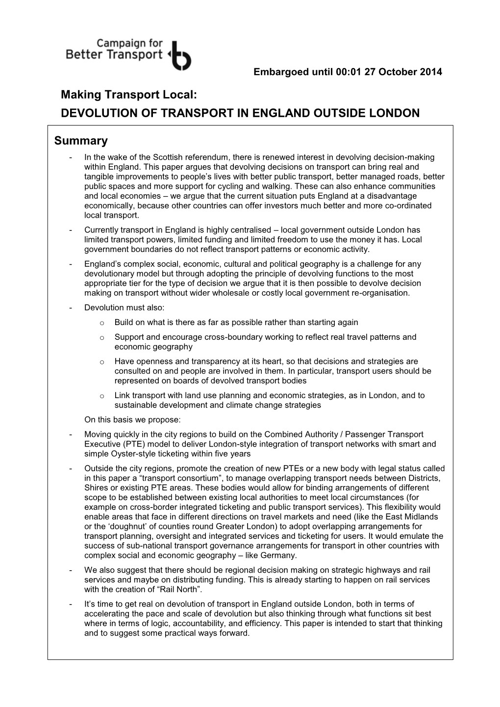 Devolution of Transport in England Outside London