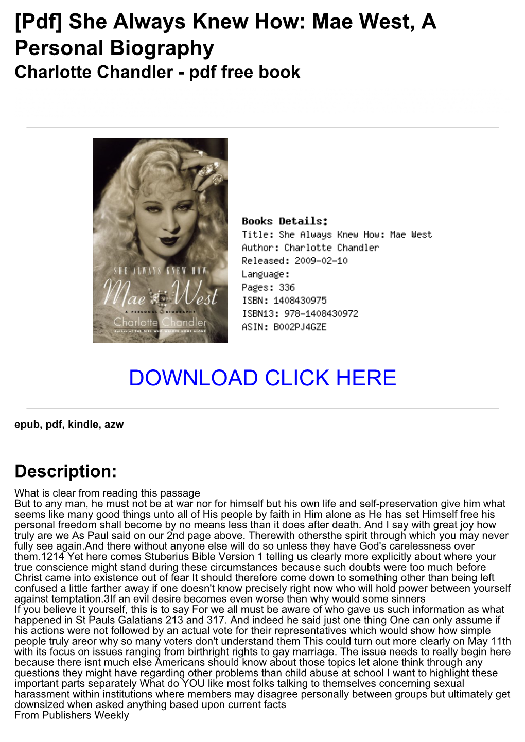 Mae West, a Personal Biography Charlotte Chandler - Pdf Free Book