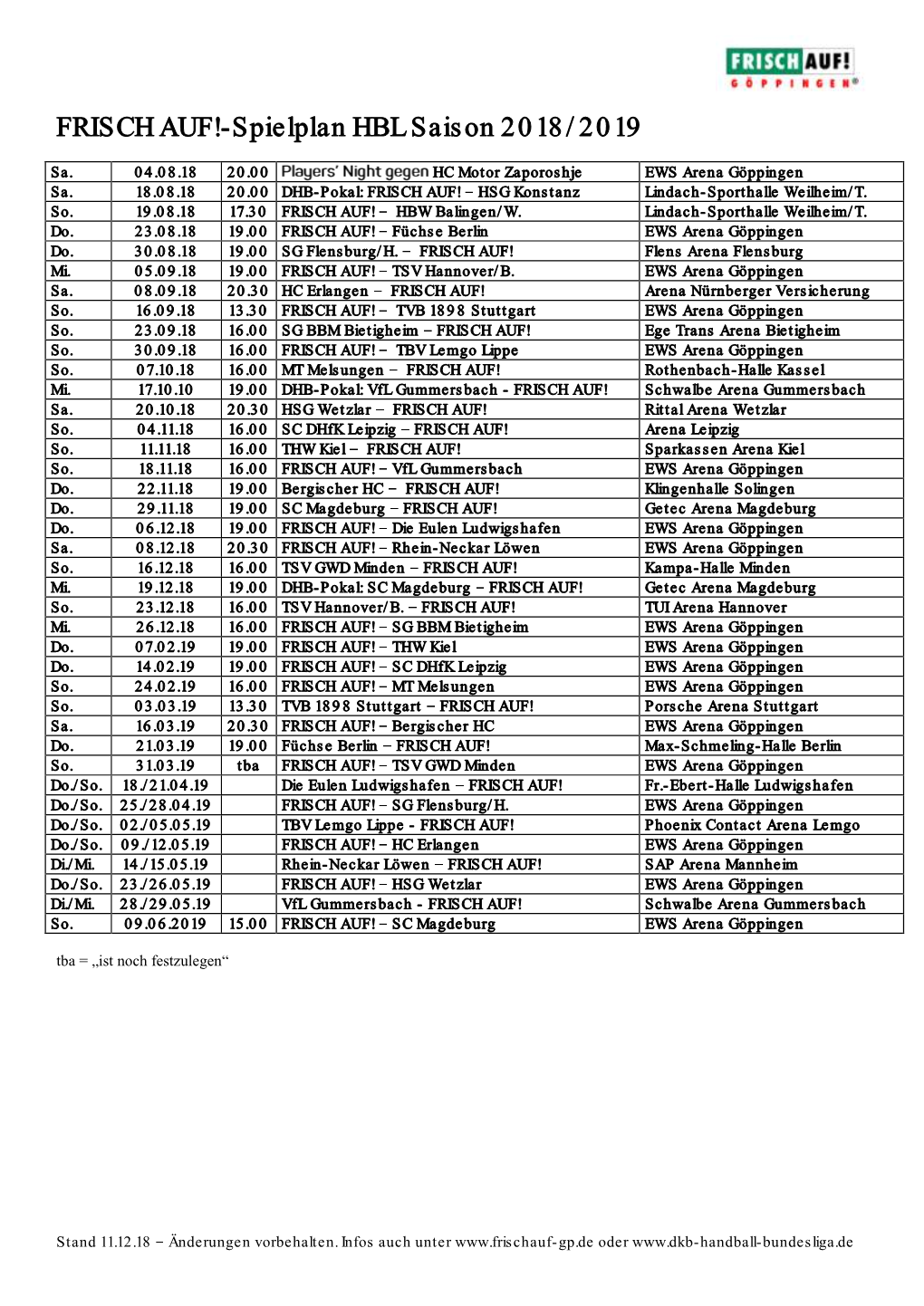 Spielplan HBL Saison 2018/2019