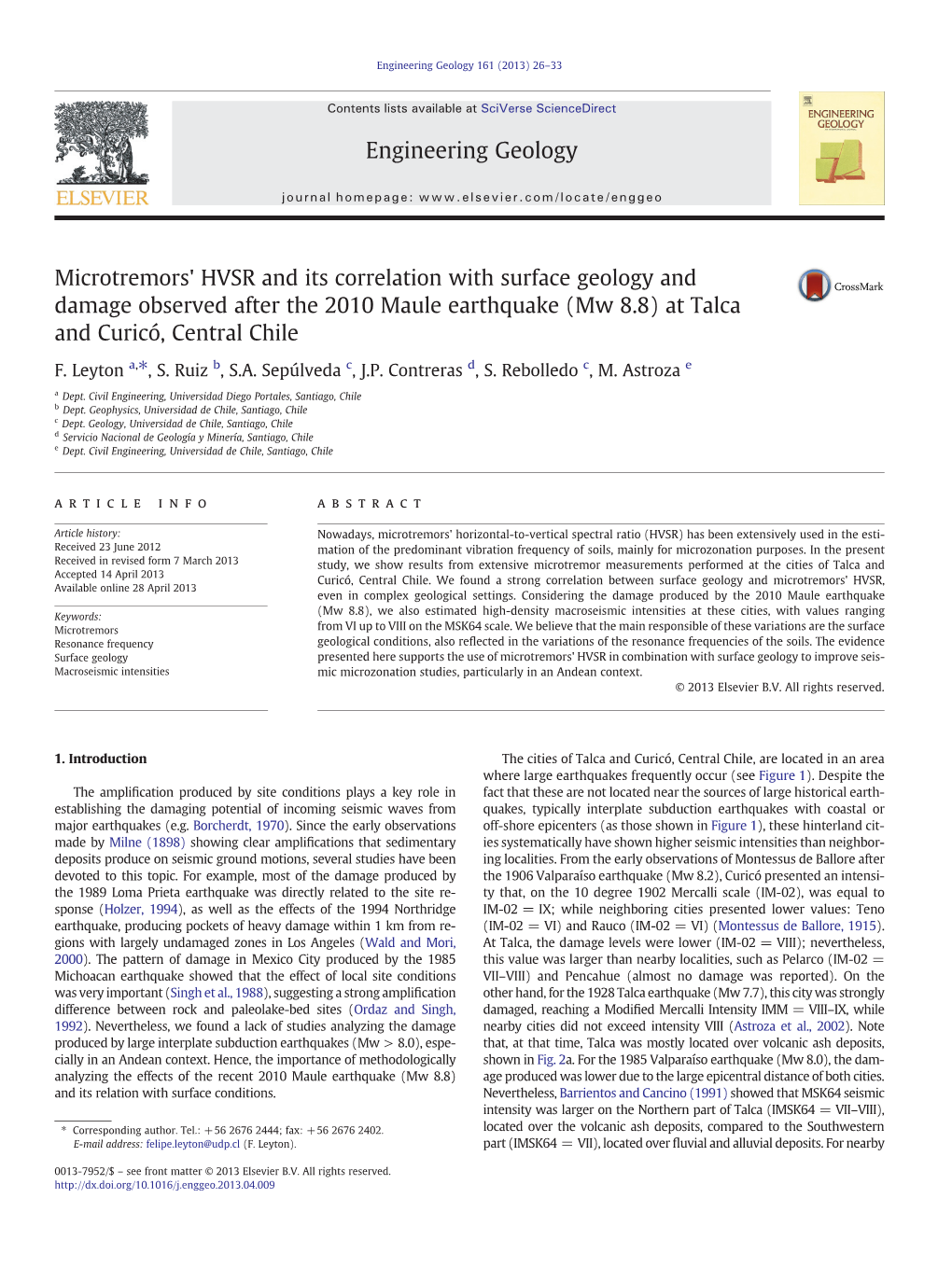 Microtremors' HVSR and Its Correlation with Surface Geology and Damage Observed After the 2010 Maule Earthquake (Mw 8.8) at Talca and Curicó, Central Chile