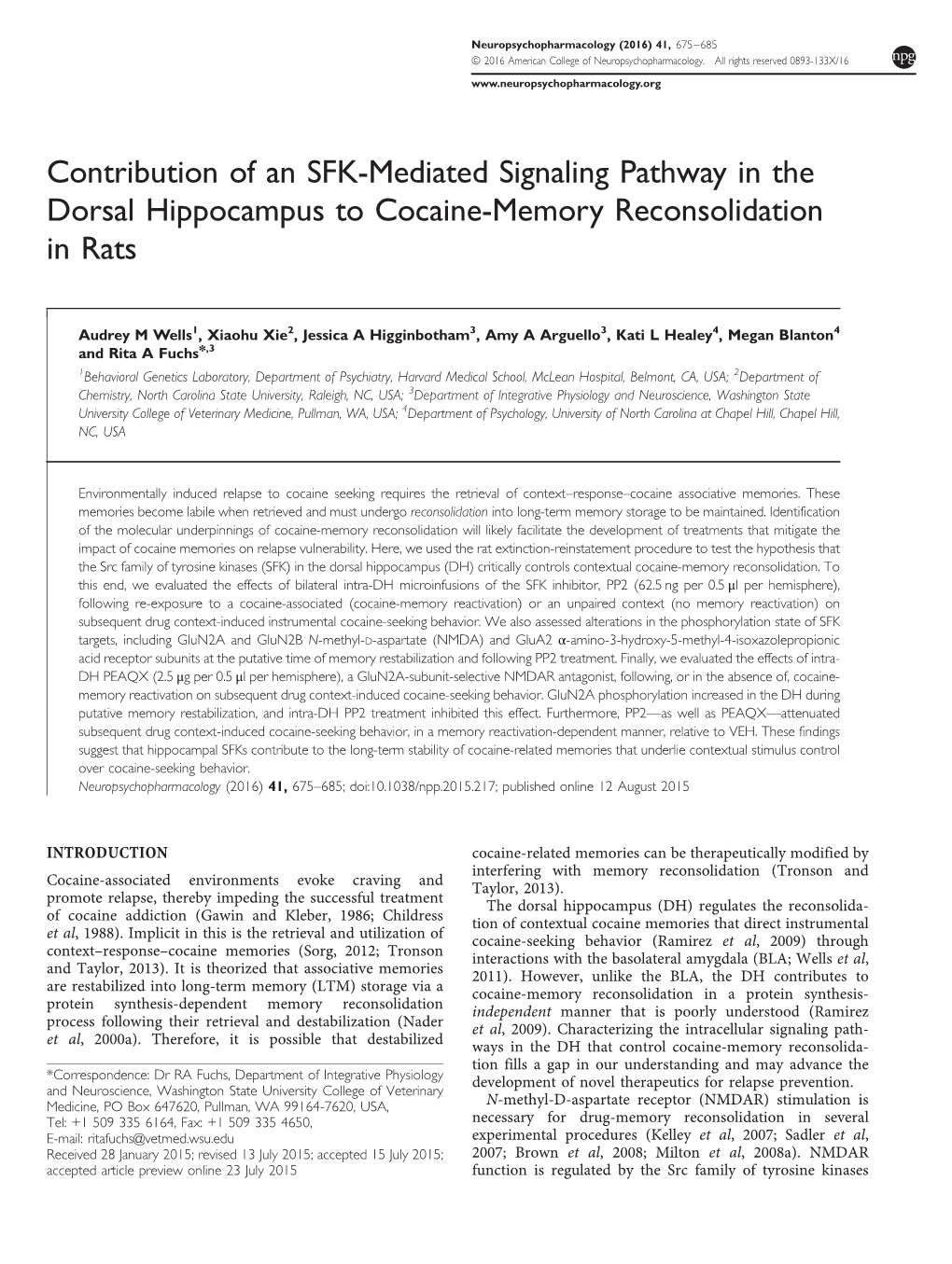 Contribution of an SFK-Mediated Signaling Pathway in the Dorsal Hippocampus to Cocaine-Memory Reconsolidation in Rats