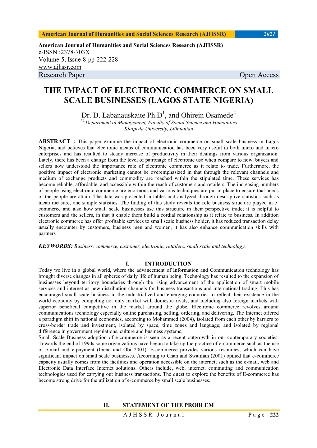 The Impact of Electronic Commerce on Small Scale Businesses (Lagos State Nigeria)