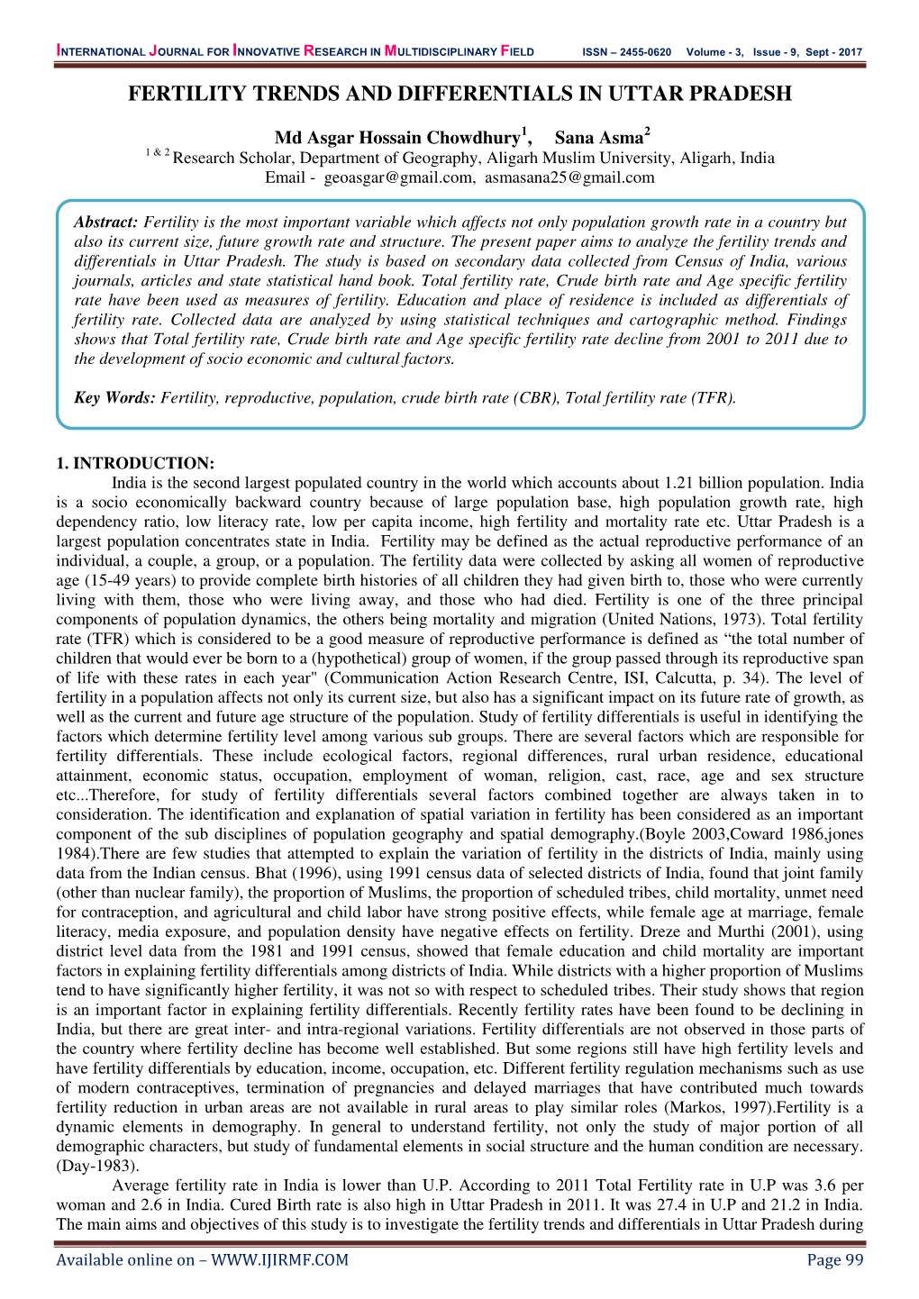 Fertility Trends and Differentials in Uttar Pradesh