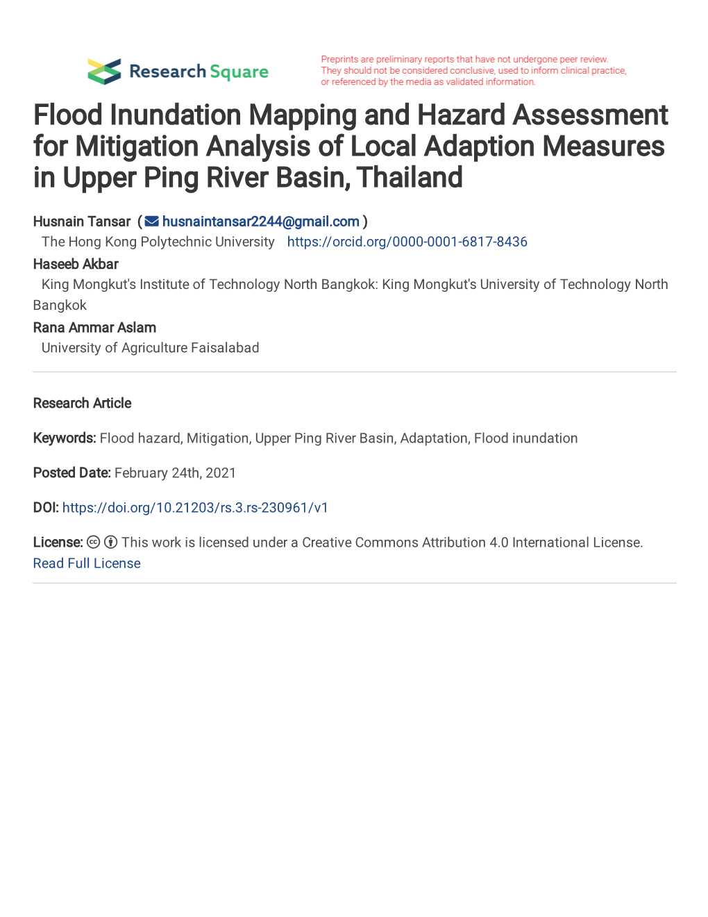 Flood Inundation Mapping and Hazard Assessment for Mitigation Analysis of Local Adaption Measures in Upper Ping River Basin, Thailand