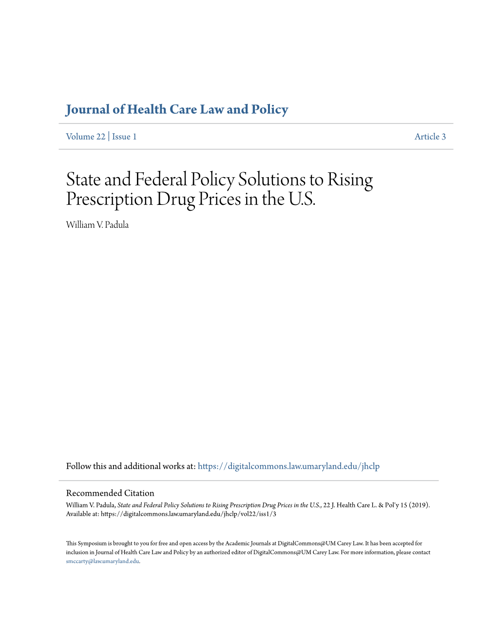 State and Federal Policy Solutions to Rising Prescription Drug Prices in the U.S