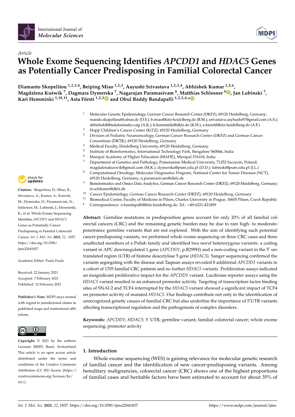 Whole Exome Sequencing Identifies APCDD1 and HDAC5 Genes As Potentially Cancer Predisposing in Familial Colorectal Cancer