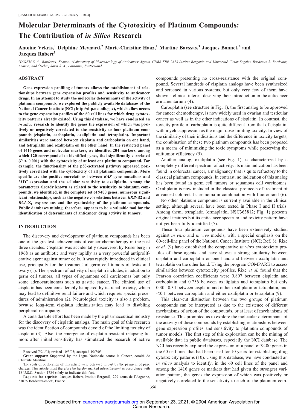 Molecular Determinants of the Cytotoxicity of Platinum Compounds: the Contribution of in Silico Research