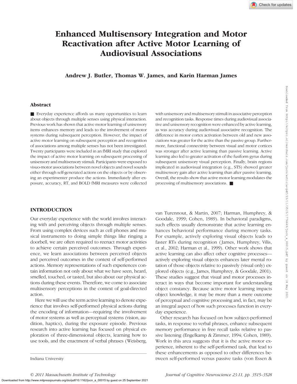 Enhanced Multisensory Integration and Motor Reactivation After Active Motor Learning of Audiovisual Associations