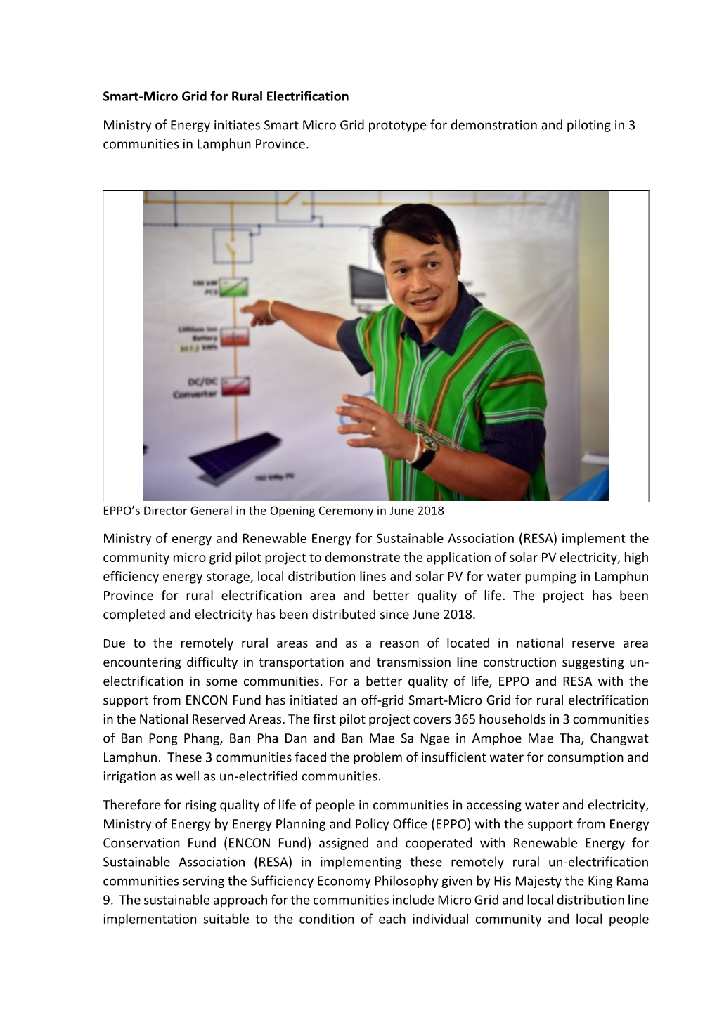 Smart-Micro Grid for Rural Electrification Ministry of Energy Initiates Smart Micro Grid Prototype for Demonstration and Piloting in 3 Communities in Lamphun Province