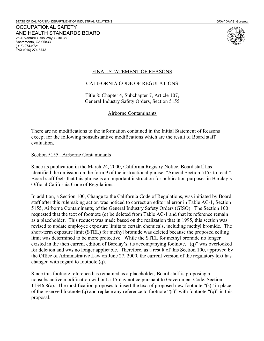 STATE of CALIFORNIA - DEPARTMENT of INDUSTRIAL RELATIONS GRAY DAVIS, Governor s6