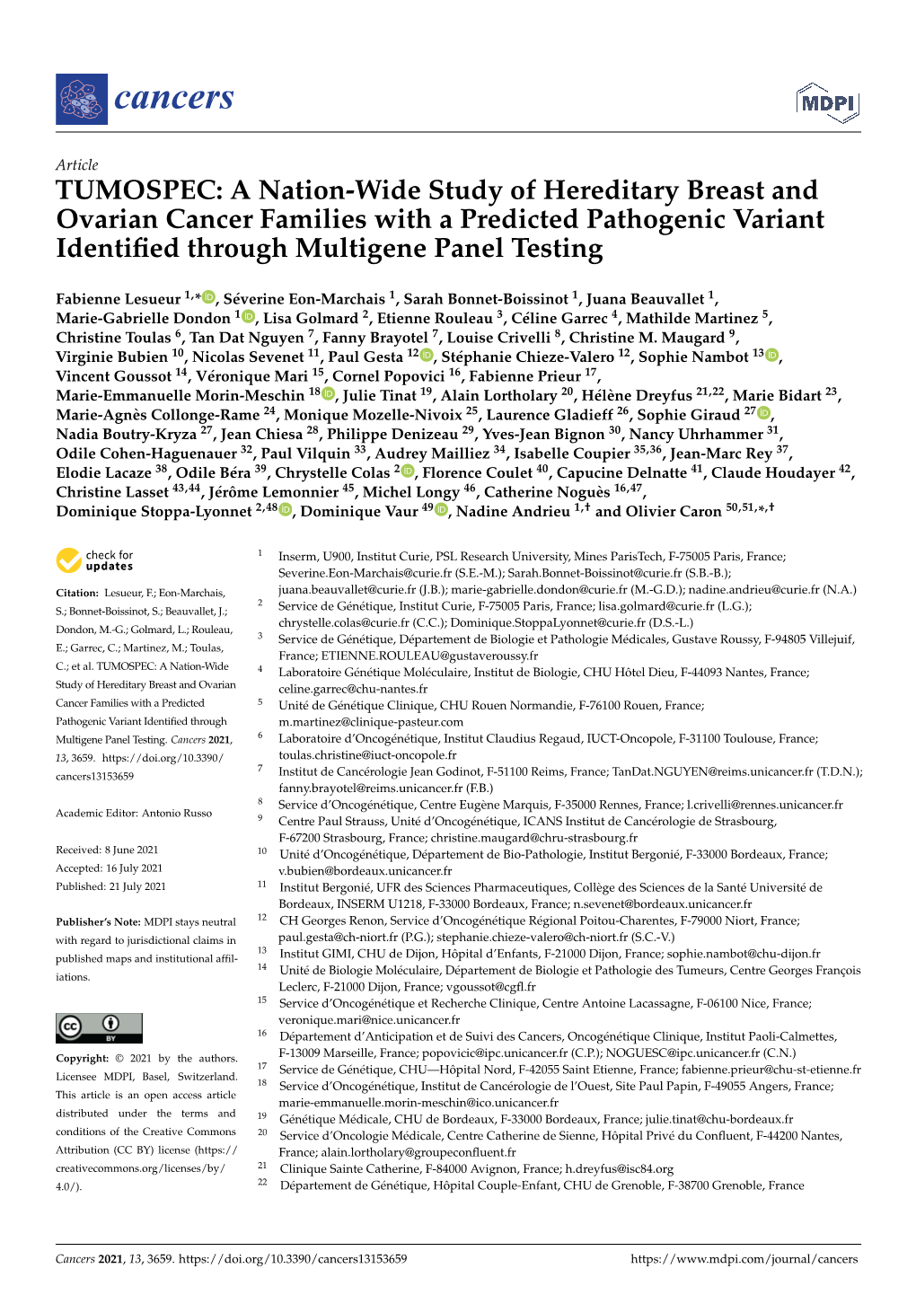 A Nation-Wide Study of Hereditary Breast and Ovarian Cancer Families with a Predicted Pathogenic Variant Identiﬁed Through Multigene Panel Testing