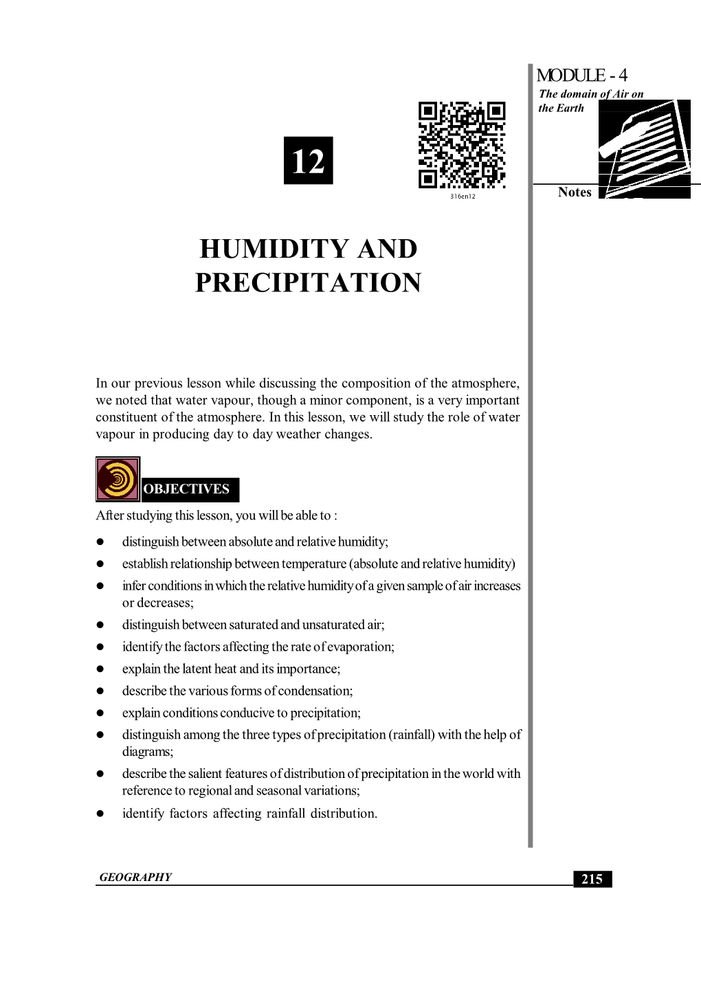 Humidity and Precipitation MODULE - 4 the Domain of Air on the Earth 12 Notes